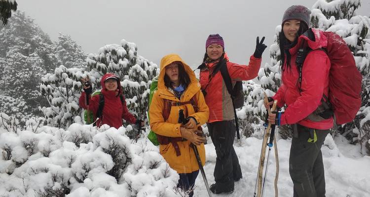 Groupe de femmes faisant de la randonnée dans la neige.