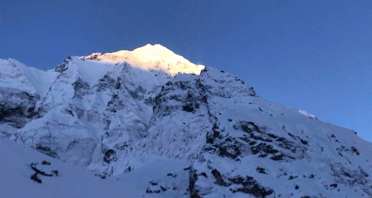 Snow-draped Himalayan peak catching the first soft light of dawn against a dark sky.