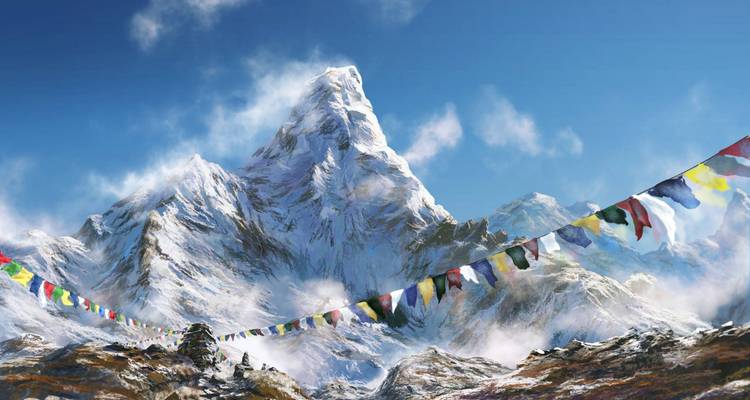 Snow-capped Himalayan peak with colorful prayer flags fluttering in the foreground under a clear blue sky