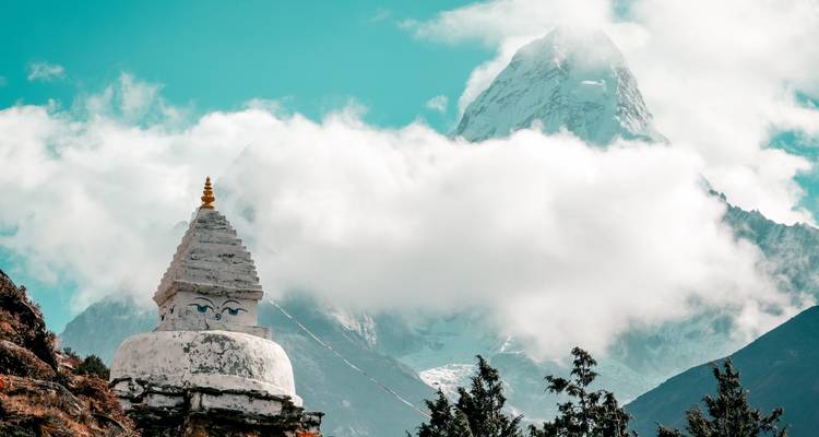 Un stupa avec une montagne enneigée en arrière-plan.