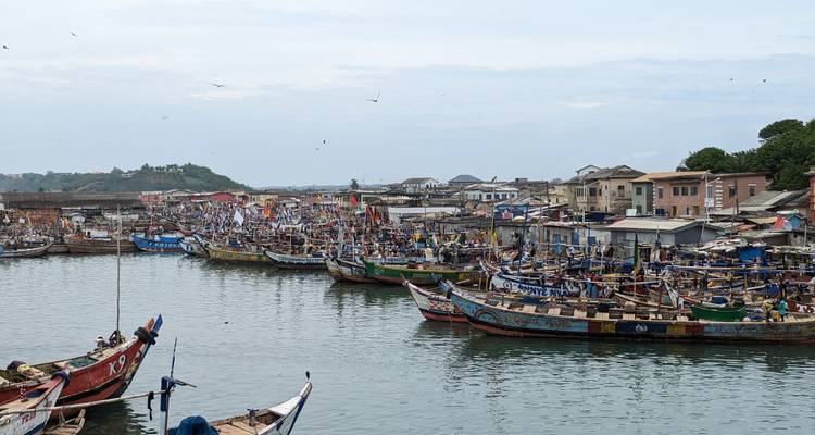 Una escena costera con coloridos barcos de pesca atracados en la orilla.