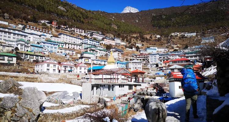 Wanderer in einem Dorf mit bunten Häusern und schneebedeckten Bergen.
