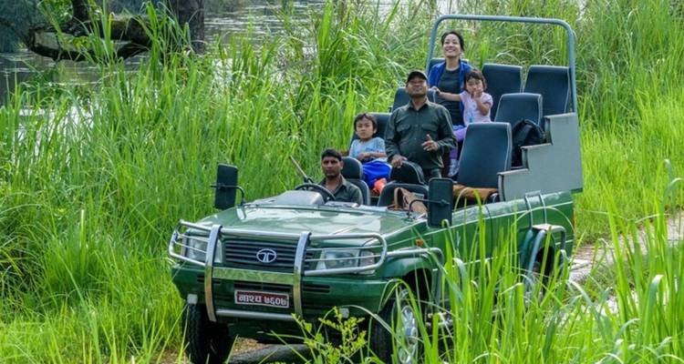 Personas en un safari por la jungla en hierba alta.