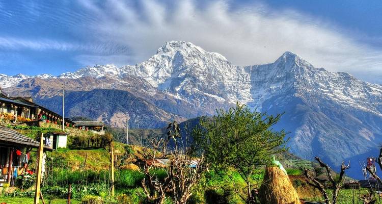 Majestueuses montagnes enneigées avec de la verdure au premier plan au Népal.