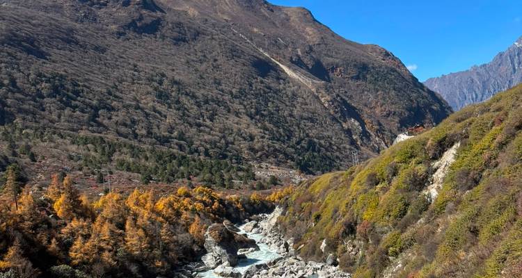 Mountain valley with a turquoise river cutting through autumn-coloured forests beneath a clear blue sky