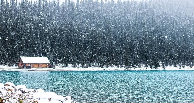 Small cabin by a lake surrounded by fir trees in snow.