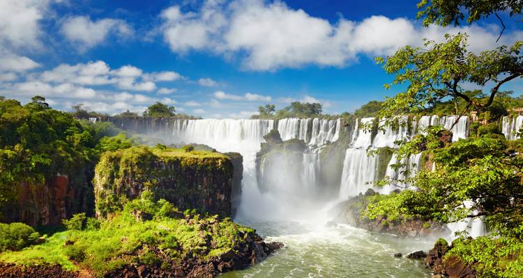 Vue panoramique large des chutes d'Iguazu entourées d'une jungle verdoyante sous un ciel bleu éclatant.