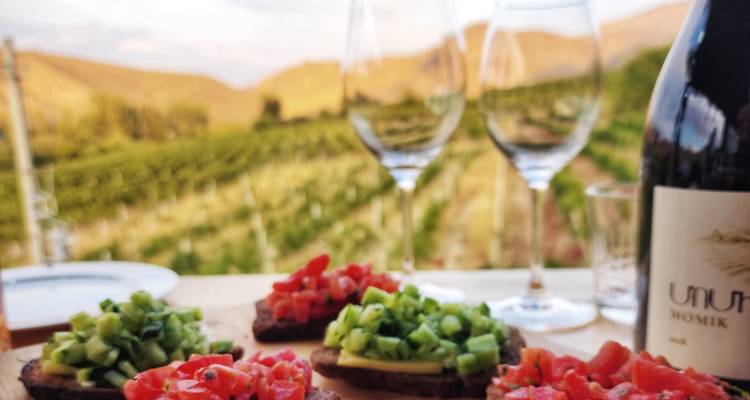 Teller mit Essen mit Weinbergen und Hügeln im Hintergrund.