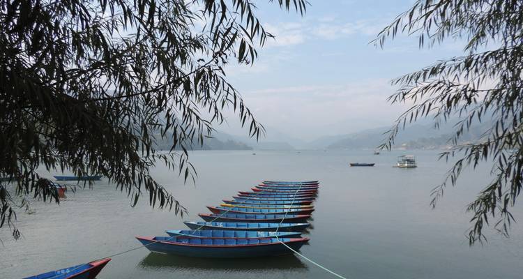 Botes coloridos alineados en un lago sereno con montañas al fondo.