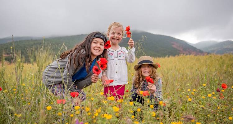 Trois enfants souriants tiennent des coquelicots rouge vif en se tenant dans un champ de fleurs sauvages colorées avec des collines marocaines brumeuses derrière.