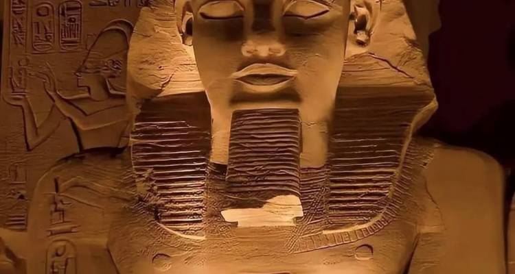 Close-up of an illuminated ancient statue.