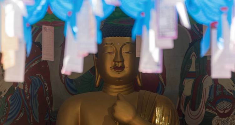 Gouden Boeddha-beeld omgeven door hangende gekleurde lantaarnpapieren in een tempel.