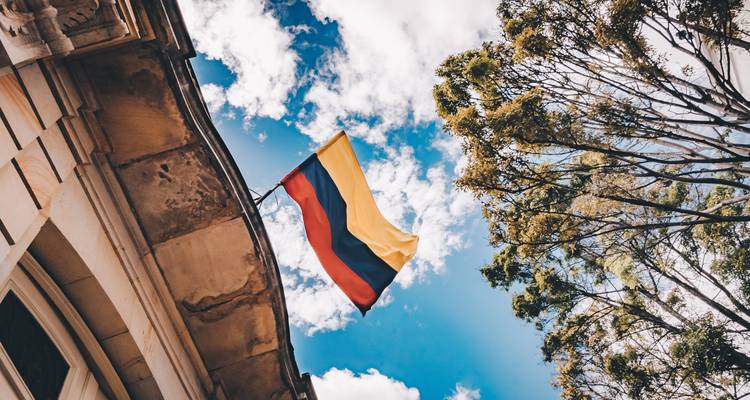 Kolumbianische Flagge weht vor einem Himmel mit Bäumen im Hintergrund.