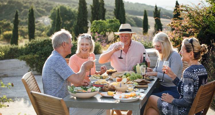 Group of mature travellers enjoying outdoor feast with wine and local produce in sunlit countryside.