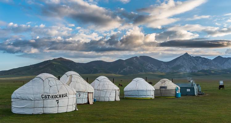 Cluster of white yurts on a vast green pasture with dramatic mountains and cloud-filled sky behind.