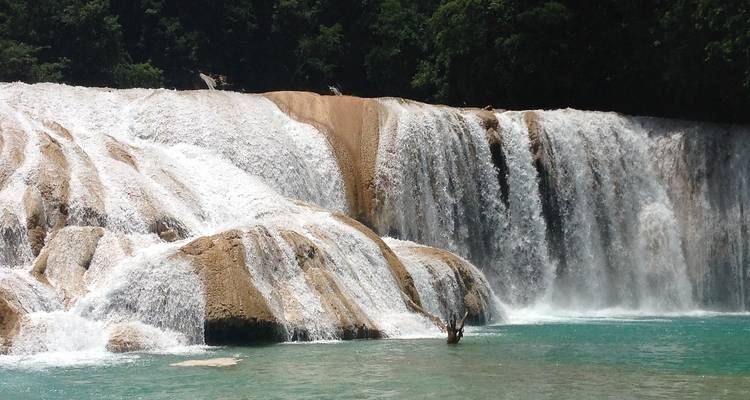 Cascade avec une personne debout en dessous, les bras levés.