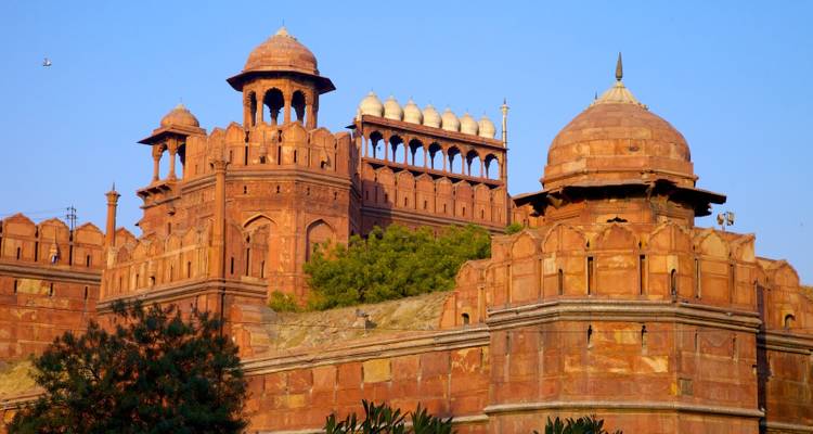 Red Fort with its iconic architecture during golden hour.