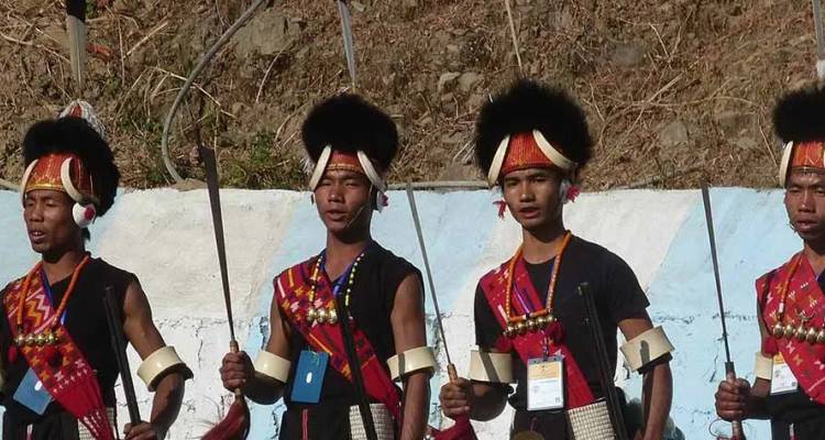 Les guerriers tribaux du Nagaland en tenue traditionnelle tenant des lances lors d'un événement culturel.