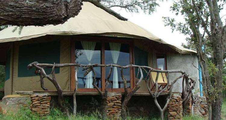 Ein rundes Haus mit Strohdach, umgeben von Bäumen.