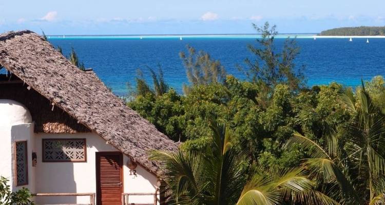 Eine Hütte mit Strohdach mit Blick auf das Meer.