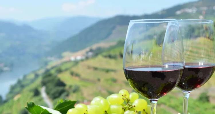Zwei Gläser Rotwein stehen auf einer Terrasse mit Blick auf die mit Weinreben bewachsenen Hügel des Douro-Tals und einen sich windenden Fluss weit unten.