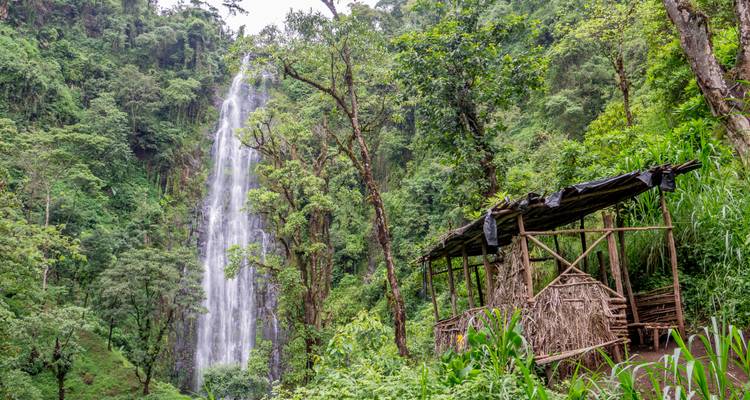 Bewaldete Schlucht mit einem hohen Wasserfall neben einer rustikalen Holzhütte.