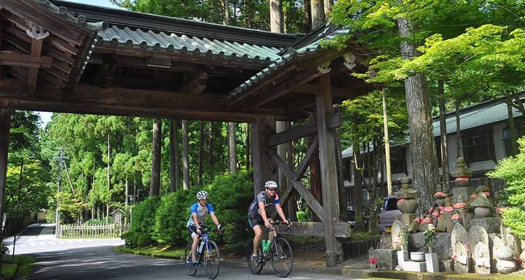 Ciclistas pasando por debajo de una puerta tradicional japonesa con estructuras de piedra cerca.