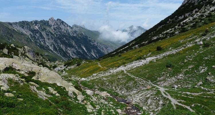 Paysage de montagne avec des pics rocheux et un sentier serpentant à travers la verdure.