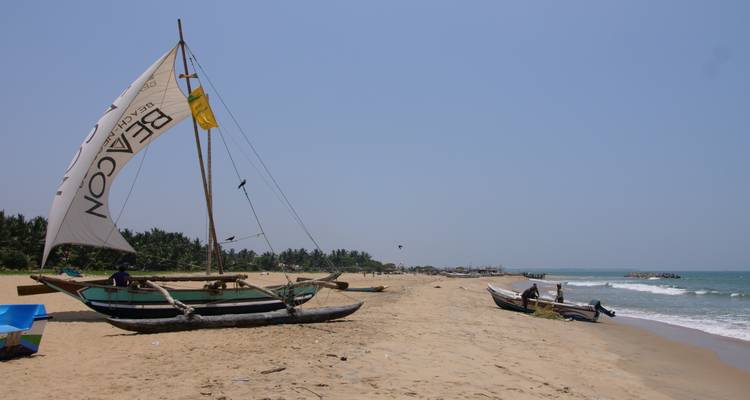Sandy beach with traditional boats and people enjoying the sunny weather.