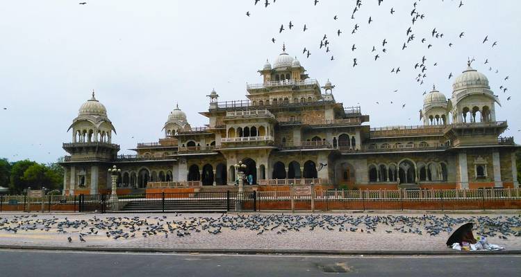Pigeons volant au-dessus d'un bâtiment historique à l'architecture ornée.