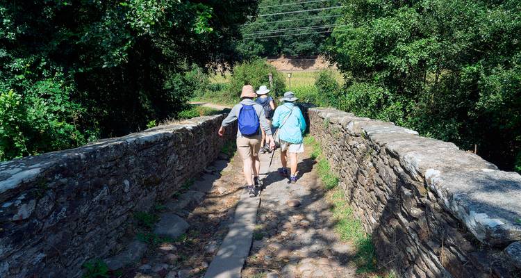 Les marcheurs avec des sacs à dos traversent un pont de pierre médiéval recouvert de mousse sur un sentier forestier.