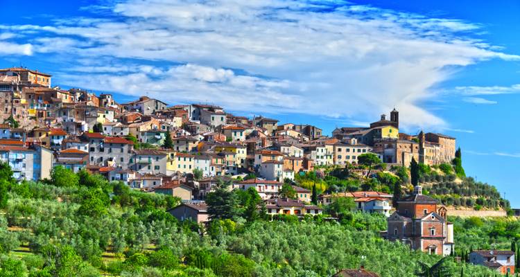 Village de colline aux couleurs vives avec des toits en terre cuite entouré de vergers d'oliviers luxuriants sous un ciel bleu éclatant.