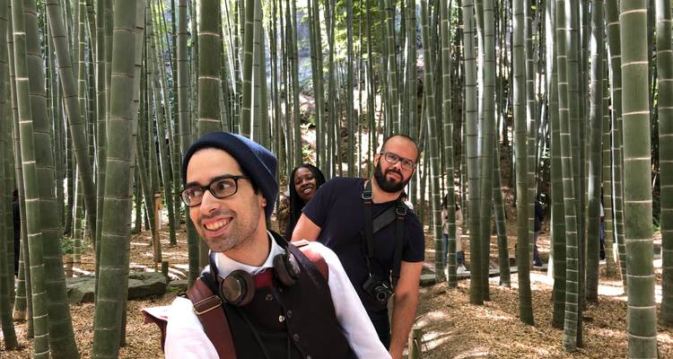 People posing in a bamboo forest translates to:
**Personas posando en un bosque de bambú**