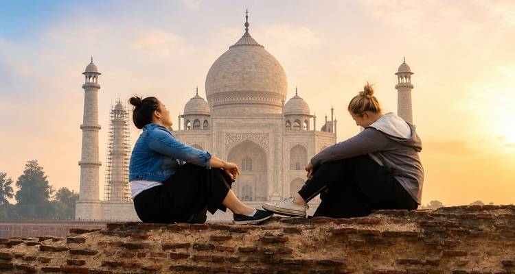 Zwei Reisende sitzen auf antiken Ziegeln und beobachten das Taj Mahal, das im warmen Licht der aufgehenden Sonne erglänzt.