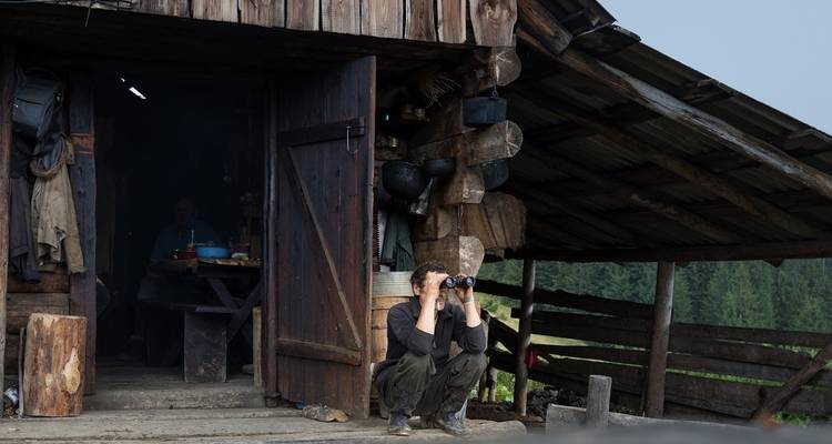 Person sitting at a rustic cabin, observing with binoculars.