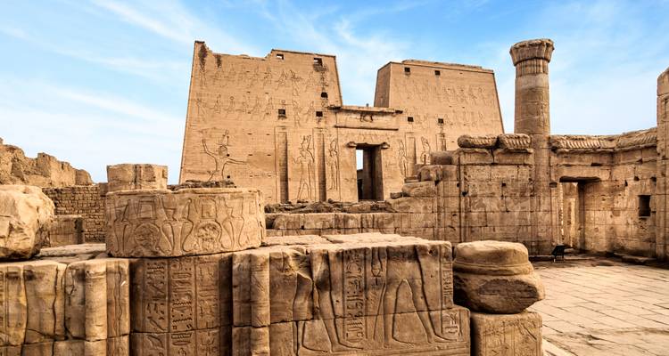 Ancient ruins with hieroglyphics at an Egyptian temple.