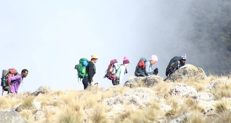 Des randonneurs gravissant un terrain rocheux par temps brumeux.