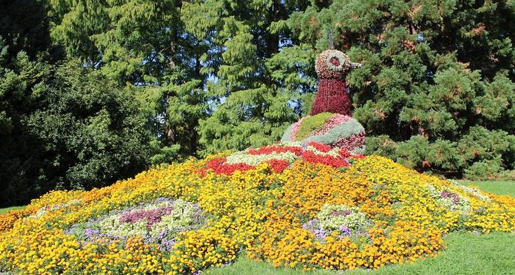 Escultura de flor con forma de pavo real grande rodeada de coloridos arriates de flores amarillas y naranjas
