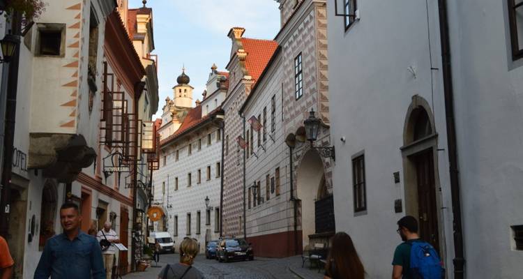 Cobblestone street in a historic town with people walking.