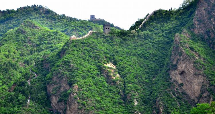 Große Mauer von China auf einem üppig grünen Bergkamm.