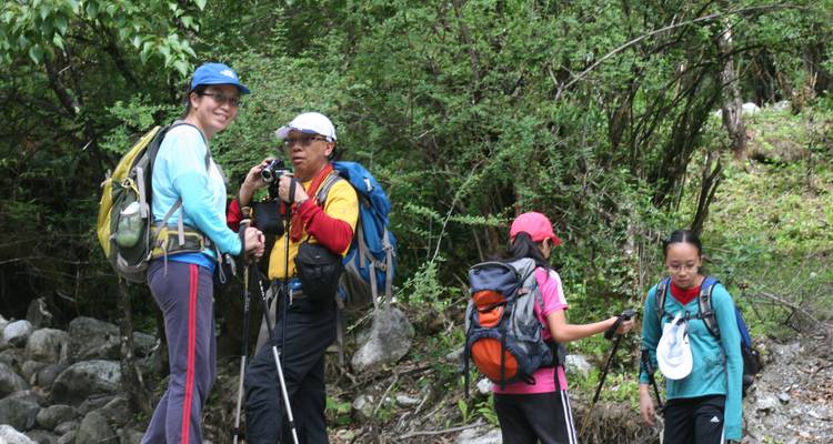 Grupo de excursionistas tomando un descanso en un bosque.
