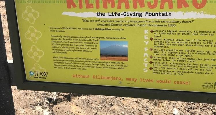 Here's a translation of an informational sign about Mount Kilimanjaro from English to Spanish:
**Letrero informativo sobre el Monte Kilimanjaro**
Since you didn't provide the specific text of the sign, I've translated your request. If you have the actual content of the informational sign that you'd like translated, please share it and I'll provide a complete Spanish translation.
Some key terms that would commonly appear on such a sign:
- Mount Kilimanjaro = Monte Kilimanjaro
- Highest peak =