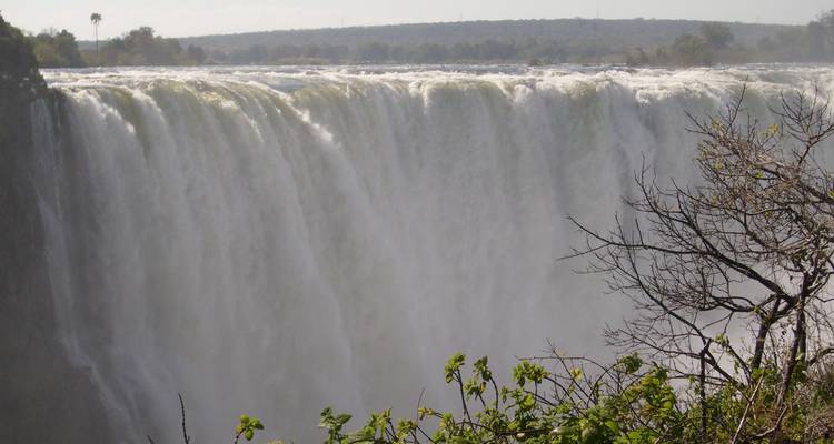 Una vista impresionante de las Cataratas Victoria con agua cayendo en cascada por el borde.