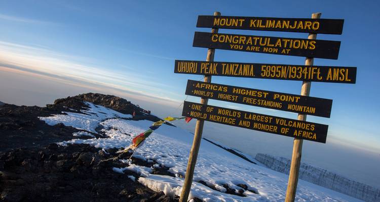 The iconic wooden summit sign on snow-dusted Mount Kilimanjaro under clear skies.