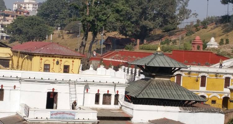 Cluster van kleurrijke tempeldaken en historische gebouwen in de Kathmanduvalei