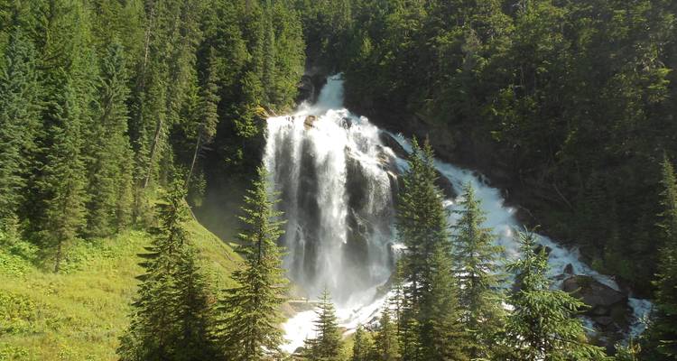 Tall cascade drops through a steep forested valley surrounded by dense evergreen trees.