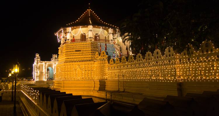 Night view of a beautifully lit temple with string lights.