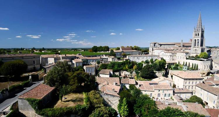 Vue surélevée du village médiéval de Saint-Émilion avec la tour de l'église et les vignobles