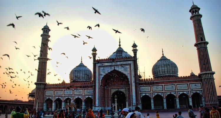 Jama Masjid bij zonsondergang met een zwerm vogels die overvliegt.