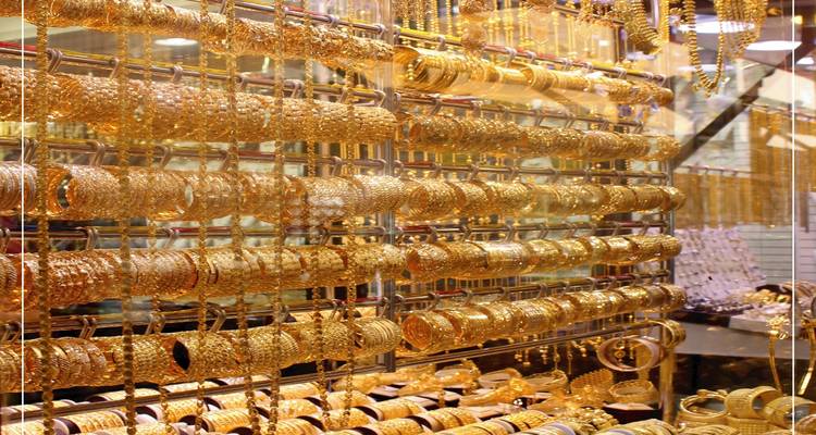 Display of gold jewelry in a shop.